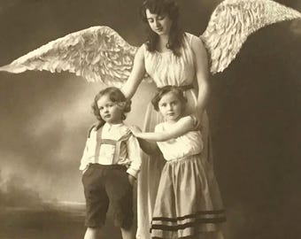 Guardian Angel Postkarte, Kinder auf Brücke, um 1905 - 1915