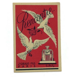 Antieke Franse parfumkaart – Rencontre van J. Giraud Fils Paris, Doves & Rose Design ca. 1920