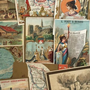 Lote de 10 cartões publicitários franceses antigos • Pacote de itens efêmeros vintage • Impressões coloridas e tipografia • Colecionáveis de papel com falhas
