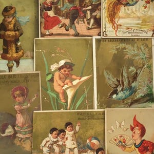 Lot de 8 cartes publicitaires anciennes en France • Lot d'éphémères vintage • Impressions et graphiques victoriens • Artisanat - Fournitures pour journaux indésirables