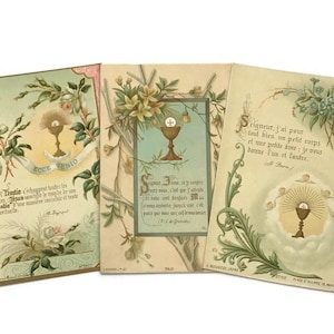 Set von 3 antiken französischen Kommunionkarten - 1880er - 1890er Jahre katholisches Ephemera - Eucharistie & Kelchkunst