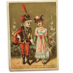Antique French Trade Card – Romantic Couple in Uniform and Gown