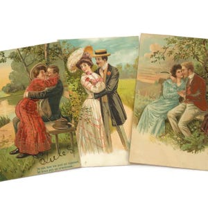 Set di 3 cartoline romantiche antiche – Coppie edoardiane innamorate – Cartoline francesi in rilievo – Timbro postale dei primi anni del 1900