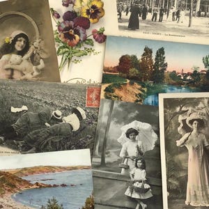 Zestaw pocztówek Vintage – zestaw 8 mieszanych pocztówek z początku lat 1900. – Francja, kwiaty, moda i krajobrazy