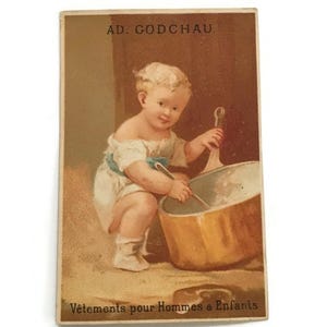 Antique French Trade Card – Baby with Copper Pot – c1890s