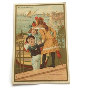Antica carta commerciale francese – Bambini che salgono su una barca (Au Bon Marché, Parigi)