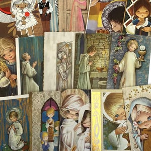 Lot de 15 cartes de vœux vintage pour communion - Enfants aux grands yeux - Art religieux français des années 60-70