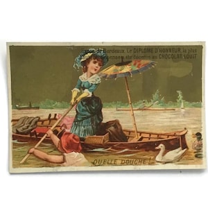 Antieke Franse handelskaart – Victoriaans stel aan het roeien, reclame chocoladeletter, 19e-eeuwse ephemera