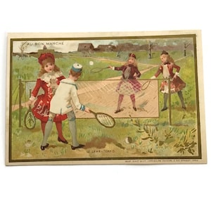Französische Vintage Handelskarte - Kinder spielen Rasentennis, Au Bon Märzé Paris (1880er Jahre)