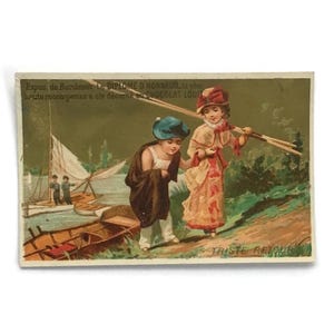 Victorian Trade Card – Kinderen met roeispanen – Antieke Franse vaarscène