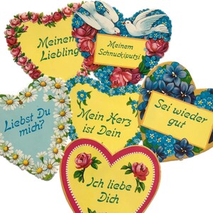 Vintage Duitse gestanste hartkaarten • Set van 6 bloemen liefdesgroeten • Retro papieren ephemera voor knutselen en weergeven