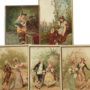 Antike französische Handelskarten - Set mit 5 romantischen viktorianischen Werbedrucken - Chromolithograph Ephemera aus dem 19
