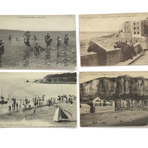Conjunto de 4 postales antiguas • Vistas costeras francesas • Postales costeras de principios del siglo XX • Normandía y playas del Atlántico