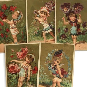 Antique Chromolithograph Trade Cards – 1890s Children with Flowers – French Ephemera Lot of 5