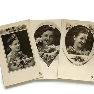 Cartes postales photo françaises vintage – Trio de femmes glamour – Ensemble de portraits des années 40 – PC RPPC parisiens inutilisés