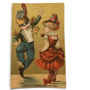 Antique French Trade Card – Dancing Children in Soldier & Party Costume, 1800s