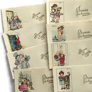 Mini-cartes vintage françaises pour le Nouvel An – « Bonne année » | « Bonne pensée » – illustrées et gaufrées