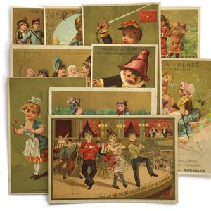 Lote de 10 tarjetas sorpresa de colección vintage: litografías francesas del siglo XIX con niños, juguetes y escenas lúdicas.
