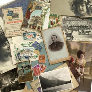 Pacchetto di effimeri di carta francese - Oltre 65 cartoline antiche, documenti, francobolli, foto, biglietti da visita - Pacchetto di effimeri di diario vintage