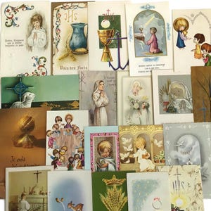 Vintage französische Kommunionkarten - Set mit 20 getragenen heiligen Karten - religiöses Ephemera-Bündel der 1960er bis 70er Jahre