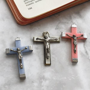 Vintage French Enamel Crucifix Set – Small Catholic Cross Pendants – Pink, Blue & White – Mid Century