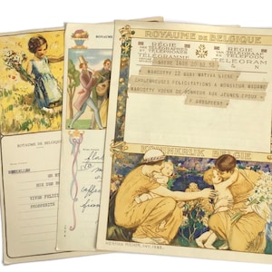 Set of 3 Vintage Belgian Telegrams – 1930s-1950s Festive & Floral Illustrations