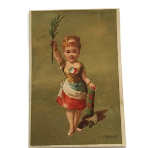 Carte de commerce française ancienne – Enfant des années 1800 en costume français avec laurier