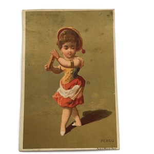 Carte de commerce française ancienne – Enfant Au Bon Marché en costume péruvien