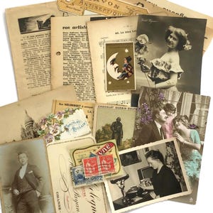 Pacchetto di effimeri francesi - Oltre 65 carte antiche, cartoline, foto, francobolli - Lotto di carta mista - Pacchetto di effimeri di diario vintage