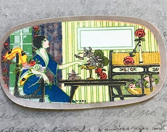 アールデコ調のフランスの香水ラベル「花を持つ女性」（1910年代～20