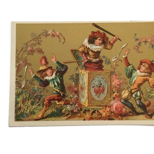 Antieke Victoriaanse Trade Card – narren en jack-in-the-Box – grillige 19e-eeuwse Chromolithografie
