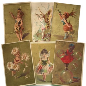 Antieke Franse ruilkaarten – Petite Fantaisie-set met sprookjes-, bloemen- en fantasiekinderen (set van 6)