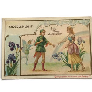 RESERVADO para ADRIENNE 26 de junho Cartão de comércio francês antigo – “Iris” Chromo de Chocolat Louit – Mensagem de Boas Novas, c.1890