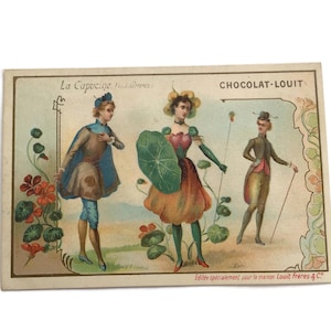 GERESERVEERD voor ADRIENNE 26 juni Antieke Franse Trade Card - "La Capucine" van Chocolat Louit - symbool van onverschilligheid, ca. 1890s