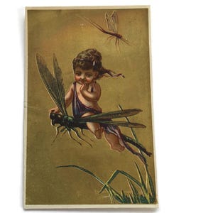 RISERVATO per ADRIENNE 3 LUGLIO Antica carta commerciale francese – Scena fantasy con un cherubino che cavalca una libellula (circa 1890)