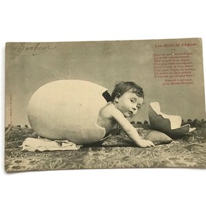 Antica cartolina pasquale francese – Bambino nell'uovo con poesia
