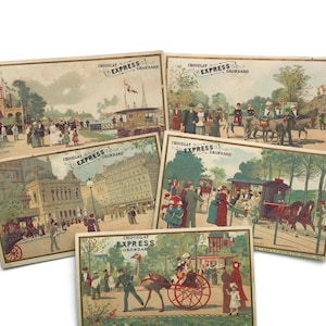 Set von 5 antiken französischen Handelskarten – Set mit 5 Lithographien der Pariser Straßenszene mit Kutschen & Menschenleben