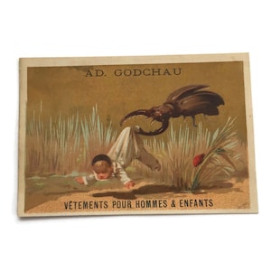 Antique French Trade Card – Pierrot Child and Giant Beetle Fantasy Scene