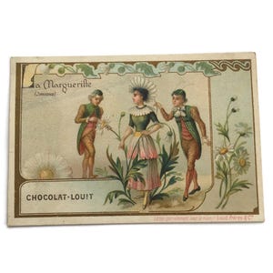 RÉSERVÉ à ADRIENNE le 26 juin Carte de commerce française ancienne – « La Marguerite » de Chocolat Louit – Symbole d'innocence, vers 1890