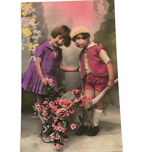 Vintage French Postcard – Hand-Tinted Children with Wheelbarrow of Flowers