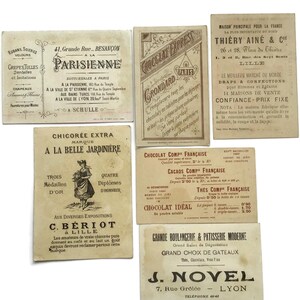 Antieke Franse ruilkaarten – set van 6 met geïllustreerde reclameachterkant (eind 1800)