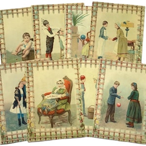 Set von 8 antiken französischen Handelskarten - Williot Fils - Lithographie-Drucke von Kindern - viktorianische Werbung - um 1890er Jahre