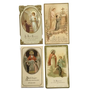 Jeu de 4 cartes de communion françaises vintage - 1895 à 1960 - Éphémères catholiques avec anges et Sacré-Cœur