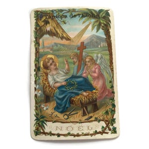 GERESERVEERD voor ADRIENNE 26 juni Antieke Franse kersttradekaart – kerststal uit de jaren 1890 met kindje Jezus en engel – religieuze ephemera
