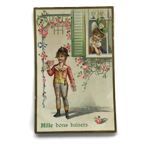 Victorian Embossed Postcard – Mille Bons Baisers – Romantic French Scene with Roses