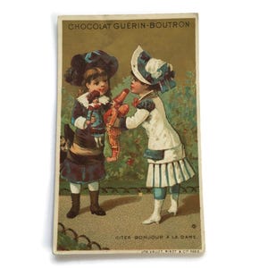 Ragazze vittoriane con bambole - Carta commerciale - Ephemera francese antica - Illustrazione Belle Époque anni 1900