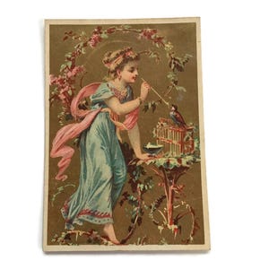 RISERVATO per LAREN JULI 1a carta commerciale francese antica – Fata che nutre un uccello – Pubblicità di un negozio di scarpe, circa 1890