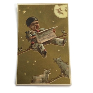 Cartão de visita francês antigo – Pierrot cantando para a lua com lobos – cena de fantasia do século XIX