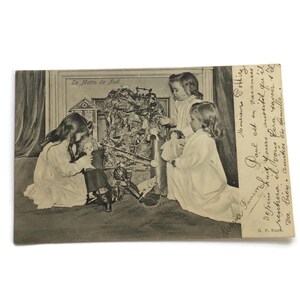 Stara francuska pocztówka • Scena poranna Bożego Narodzenia • Le Matin de Noël • Zabytkowa kartka świąteczna • Pocztówka z początku lat 1900
