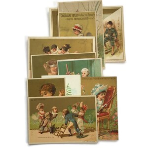 Bundel Vintage Trade Card – Set van 10 verrassingskaarten – 19e-eeuwse Franse lithografieën met kinderen, speelgoed en kostuums